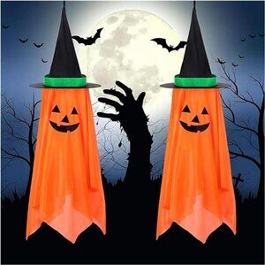 2 Pack Halloween Decorations, Pumpkin Wizard Hat Pre-Installed Pumpkin Ghosts